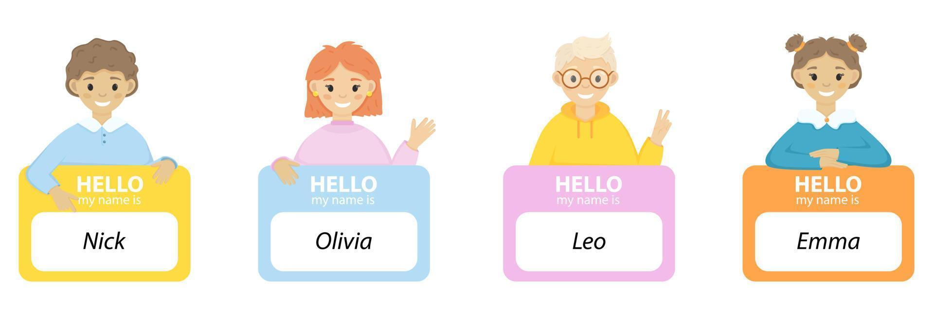 Kids name tag.  Happy cute girls and boys. vector
