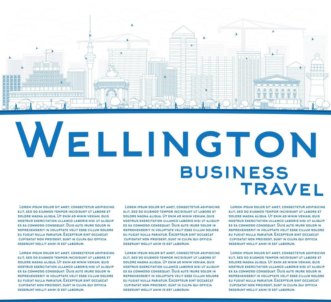 Outline Wellington skyline with blue buildings and copy space. vector