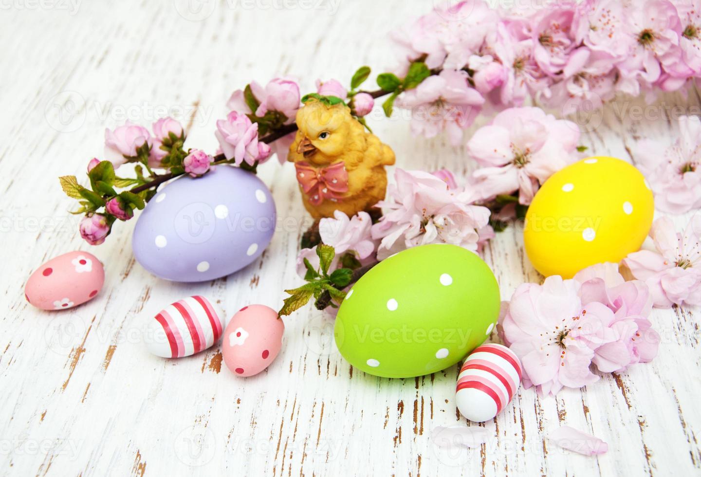 Easter eggs and cherries blossom photo