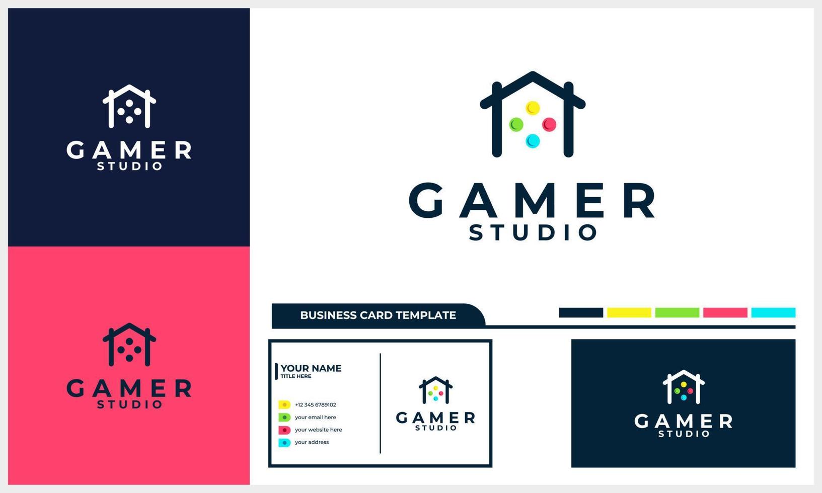 house or home with game icon logo concept and business card template vector