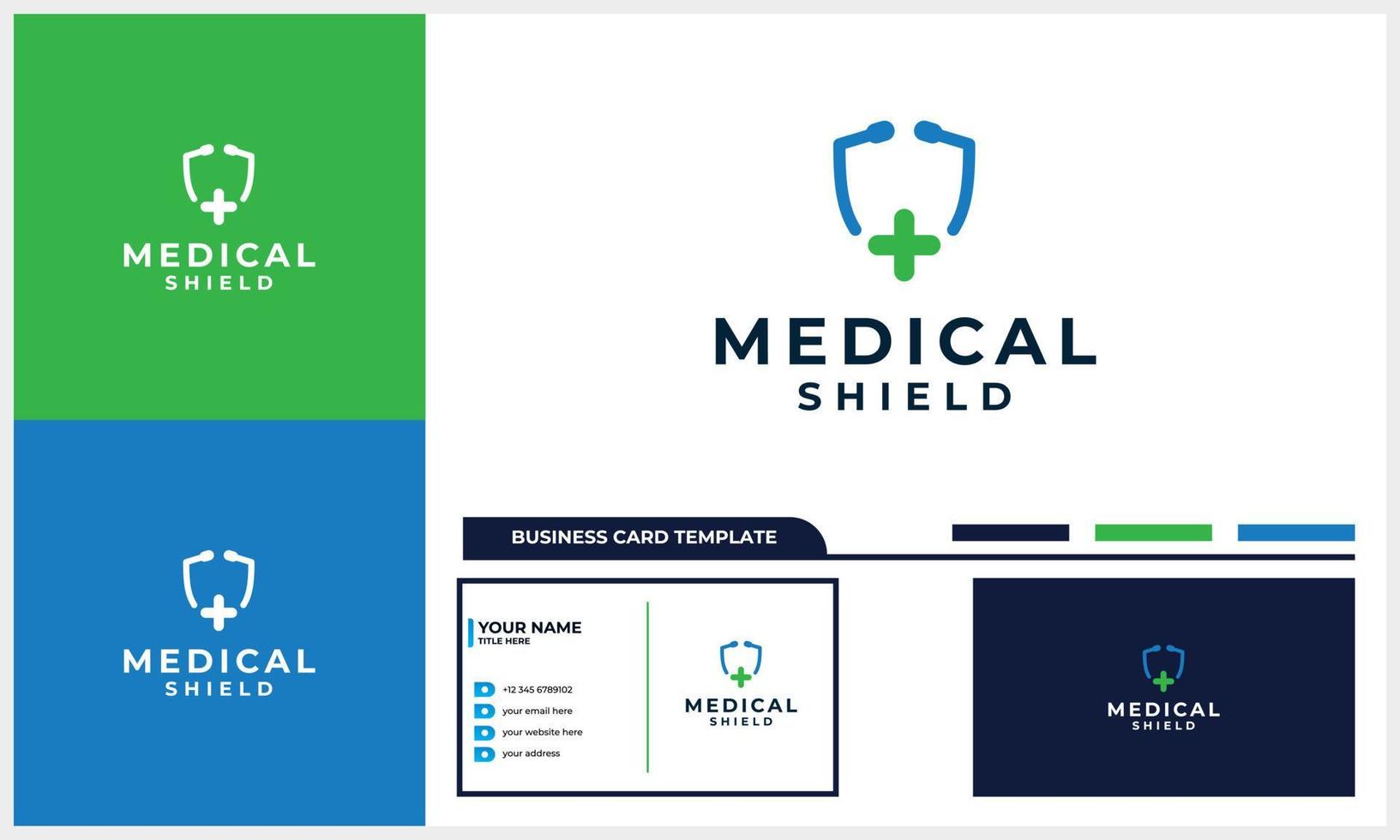 medical stethoscope with shield logo concept with business card template vector