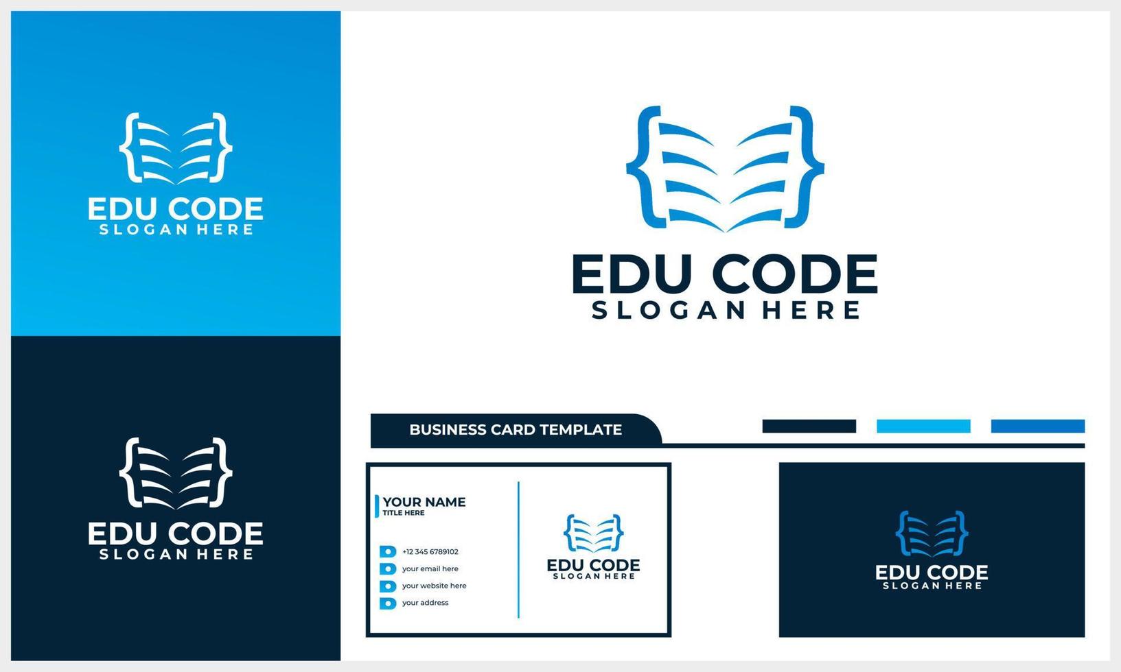 education book with coding code logo concept with business card template vector