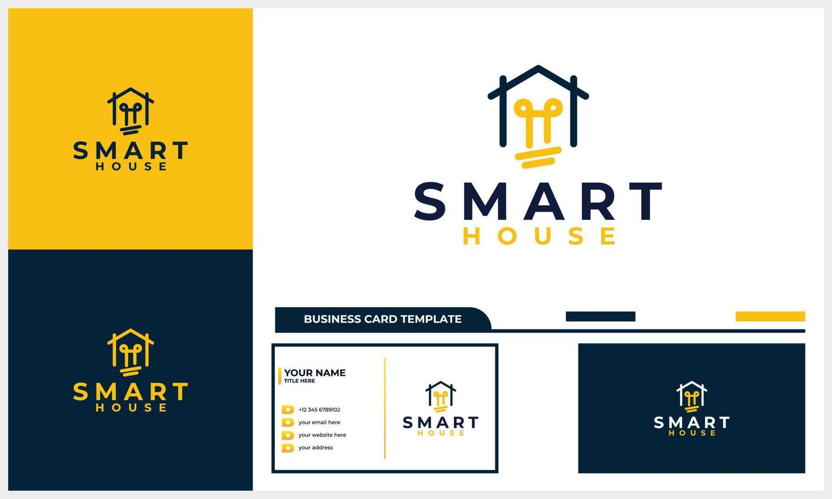 House and light bulb lamp logo combination with line art style and business card template vector