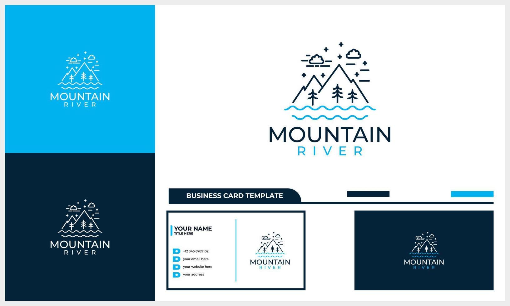 montaña de arte lineal con concepto de logotipo de río y plantilla de tarjeta de visita vector