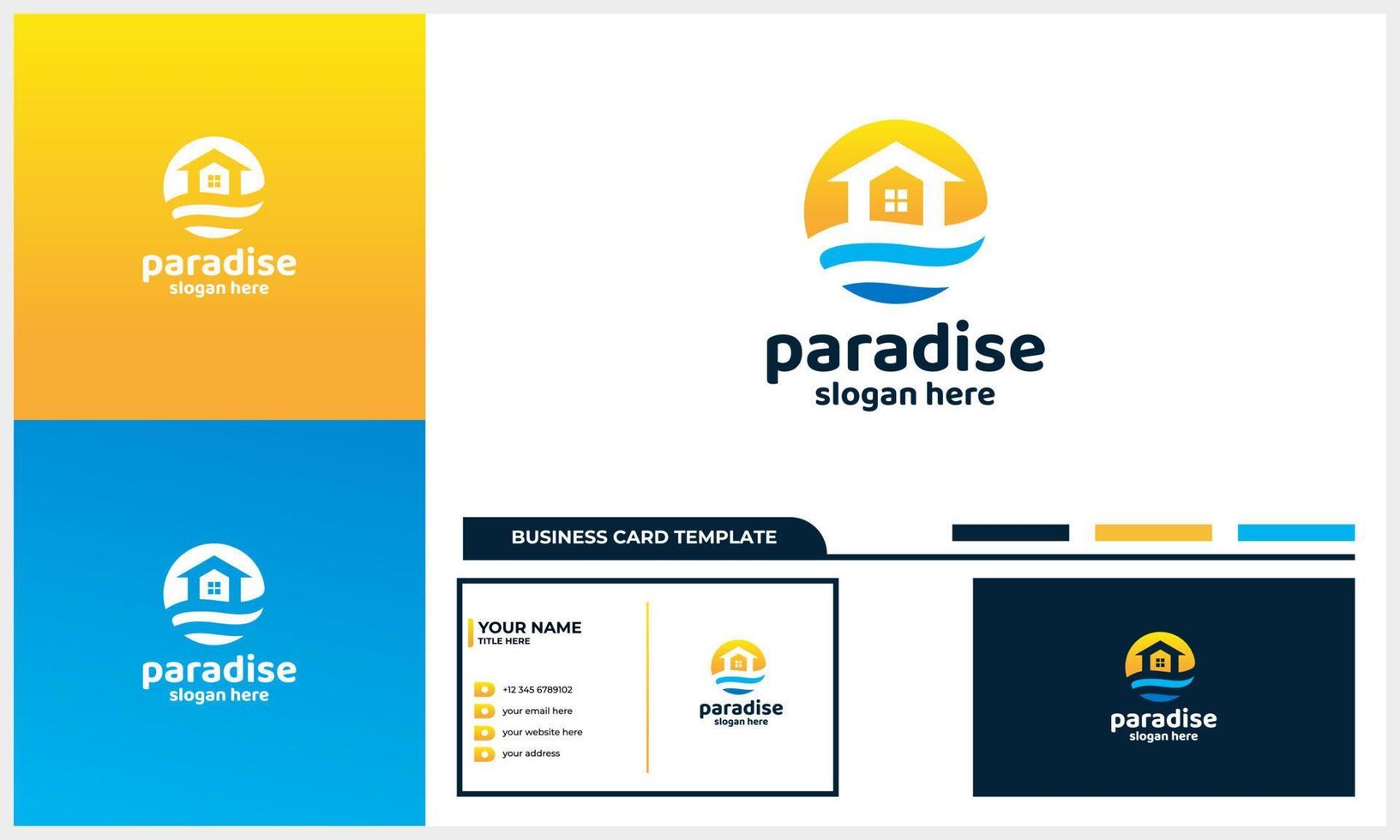 beach wave paradise logo with house and sun concept with business card template vector