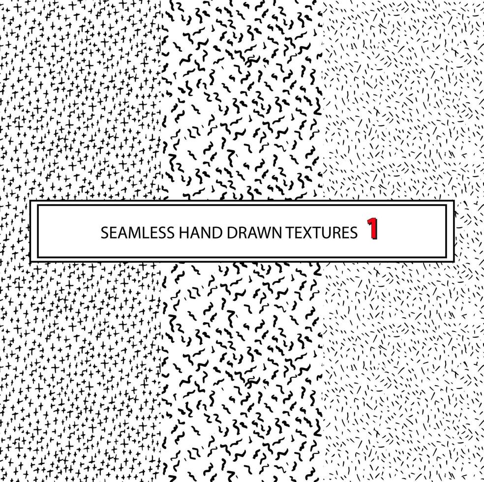 Set of three hand-drawn seamless black and white simple patterns. Dots, lines and cross. Backgrounds for website,  blog, social network, banner, brochure, flyer  and poster. Vector texture