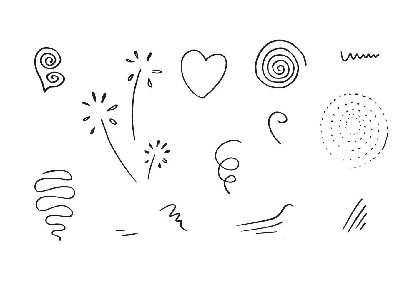 hand drawn set element,black on white background.heart,light,emphasis,swirl,for concept design. vector