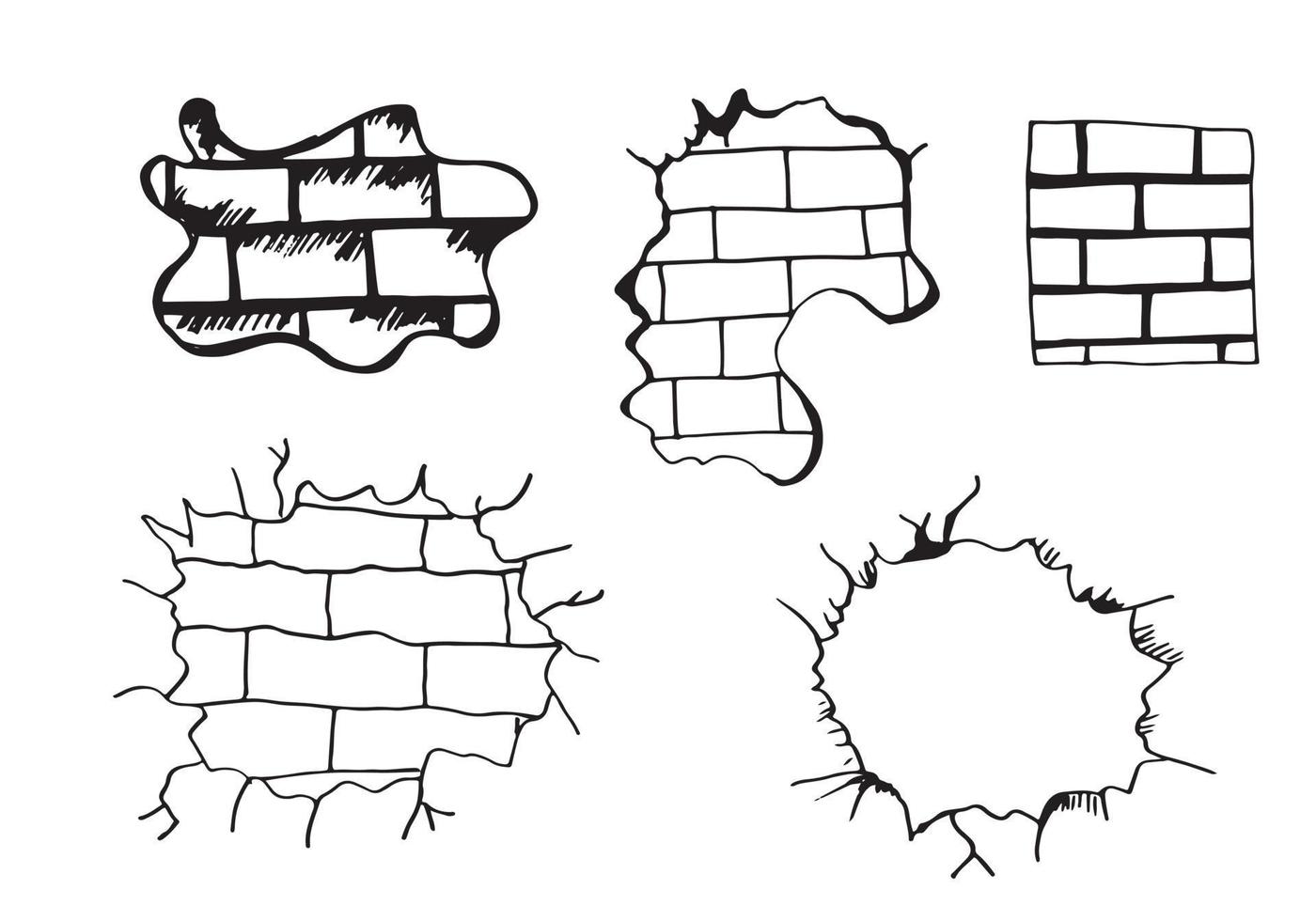 Hand-drawn set of cracked brick walls. Vector illustration.