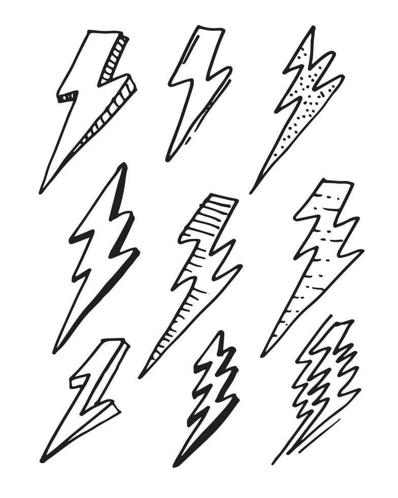 conjunto de ilustraciones de esbozo de símbolo de relámpago eléctrico de garabato vectorial dibujado a mano. icono de garabato de símbolo de trueno. vector