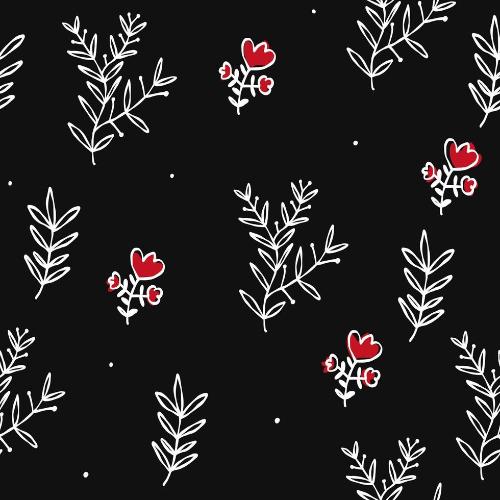 Hand drawn doodle black seamless wallpaper white line flowers. Cute red vector love pattern for paper, fabric, book, children.