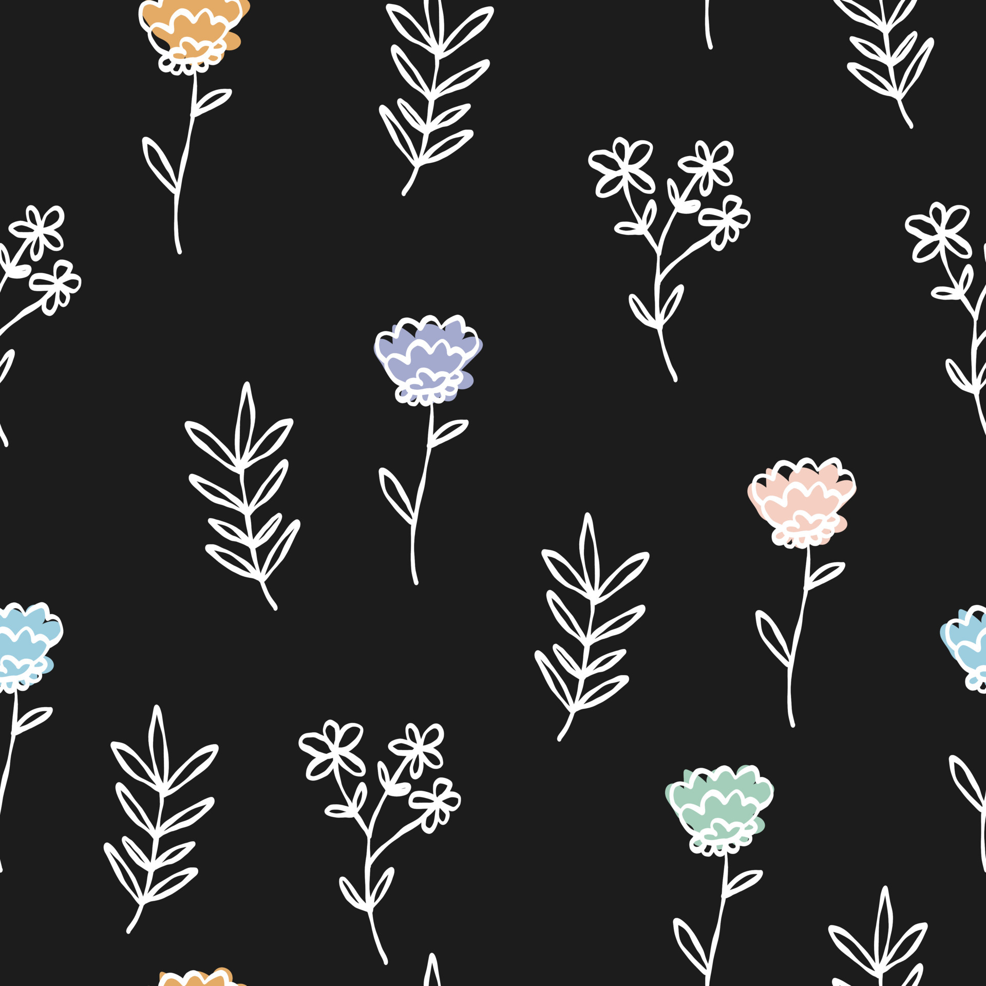 Hand drawn doodle black seamless wallpaper white line flowers. Cute pastel  vector pattern for paper, fabric, book, children. 5744455 Vector Art at  Vecteezy