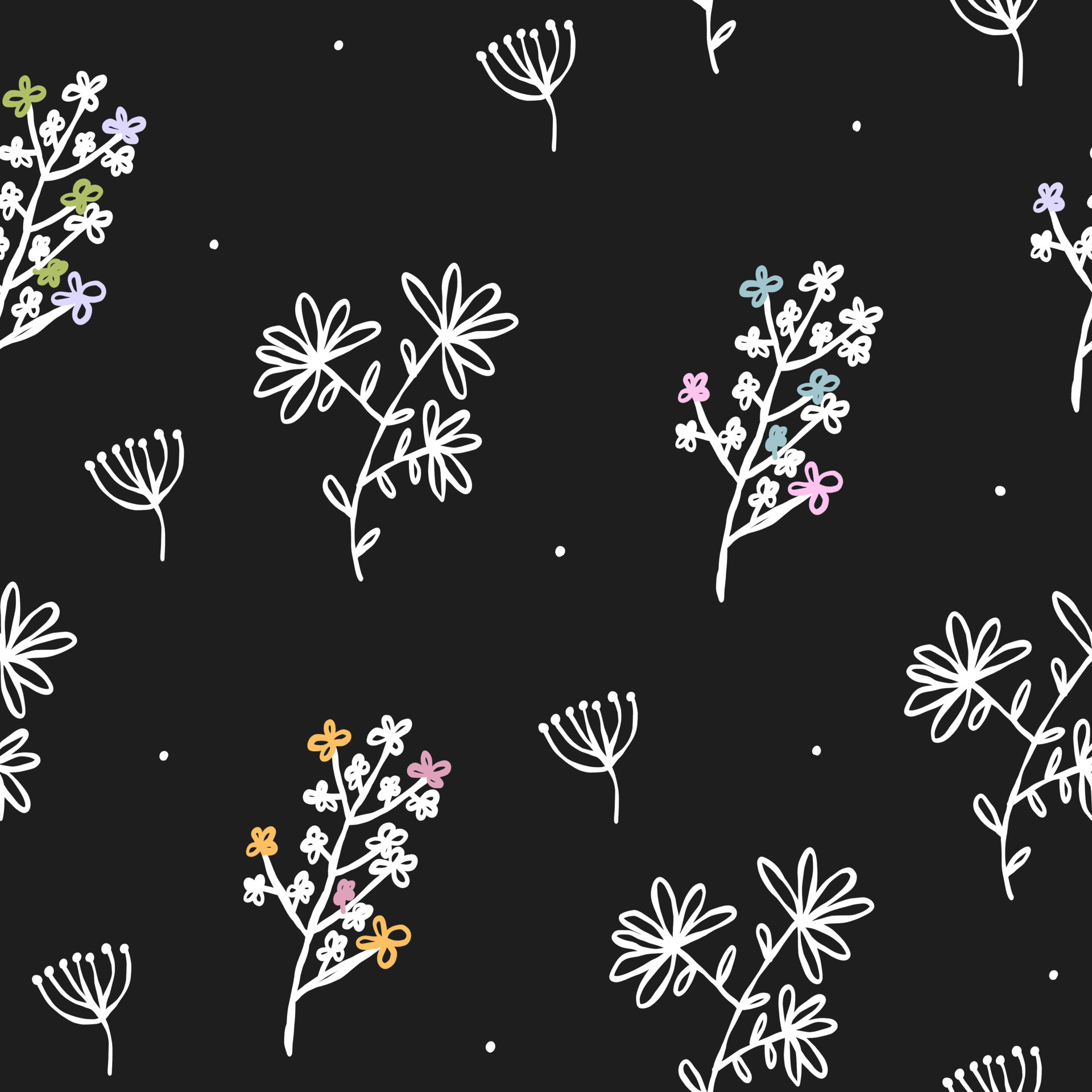 Hand drawn doodle seamless black wallpaper white line flowers. Cute pastel  colors vector pattern for paper, fabric, children. 5744459 Vector Art at  Vecteezy