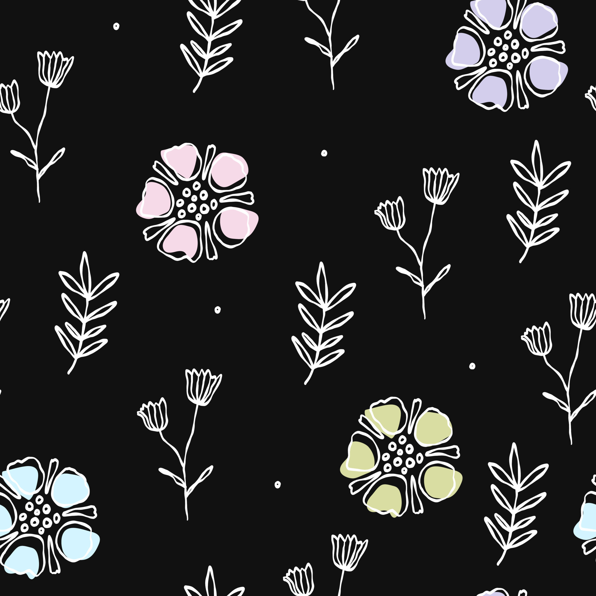Hand drawn doodle summer seamless black wallpaper with white line flowers.  Cute pastel vector pattern for paper, fabric, book, baby. 5744460 Vector  Art at Vecteezy