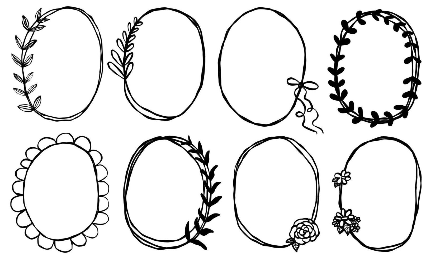 Doodle frames set hand drawn. Round lines with flowers, leaves, ribbon bow. Valentine's day, for wedding isolated. vector