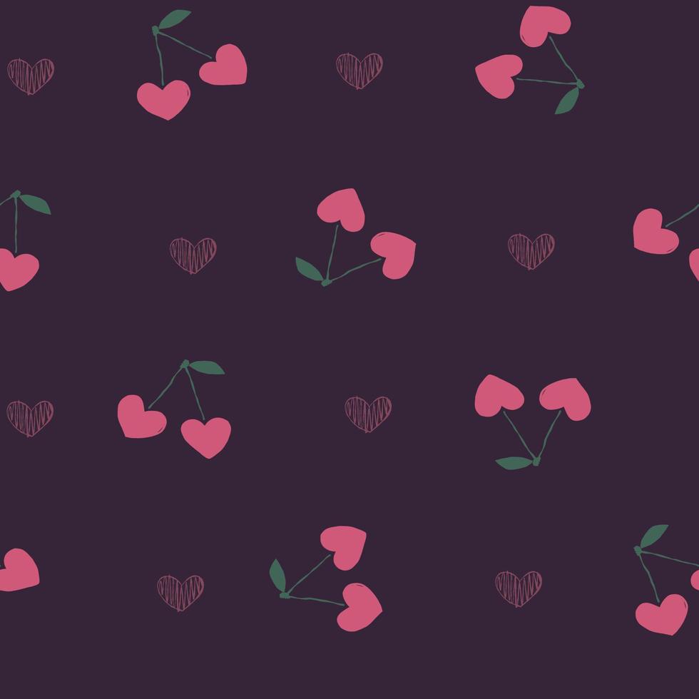 Hand drawn cute doodle cherry purplish seamless pattern with hearts. White berry paper line fruit food. vector