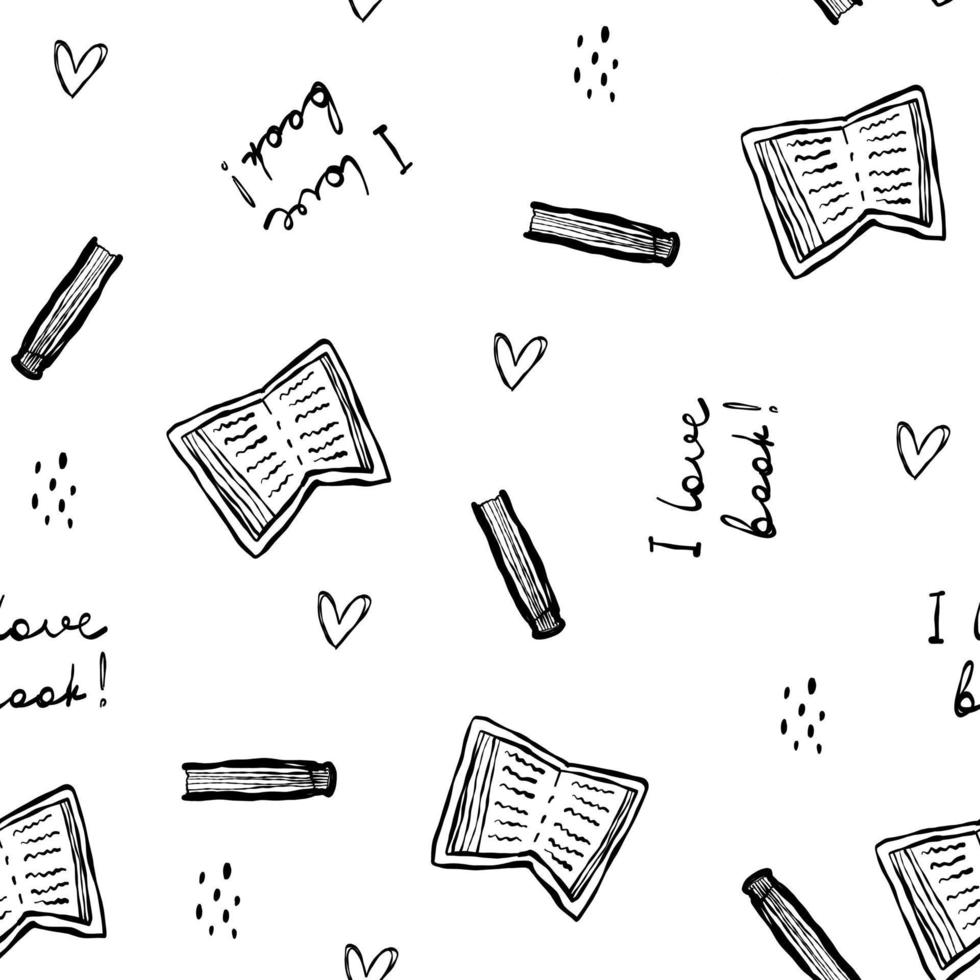 Hand drawn black and white I love book text seamless pattern doodle. Cute vector for paper, fabric, book, school, children.