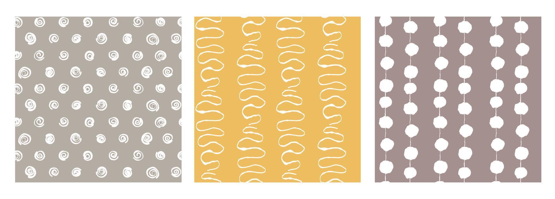 conjunto de patrones coloridos modernos sin costuras geométricos abstractos dibujados a mano. linda colección de vectores marrón, amarillo, garabato blanco para papel, tela escandinava, libro, cocina, niños.