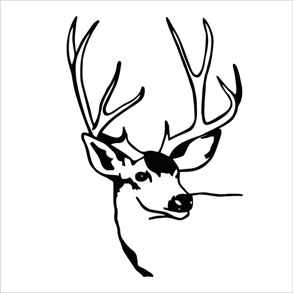 Black vector silhouette of deer's head with antlers isolated on white background.