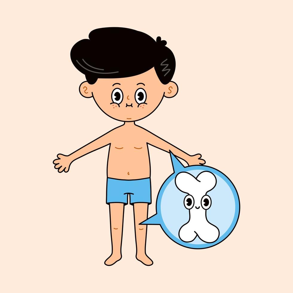 hombre con icono de hueso en una burbuja. vector dibujado a mano estilo de fideos dibujos animados tradicionales vintage, diseño de icono de ilustración de carácter retro. lindo personaje de mascota de niño y hueso