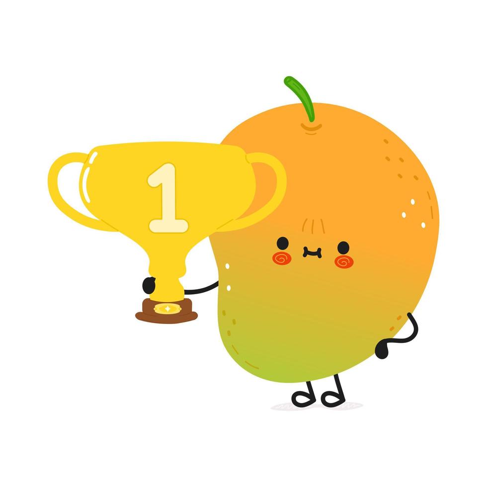 Cute funny mango hold gold trophy cup character. Vector hand drawn cartoon kawaii character illustration icon. Isolated on white background. Mango with winner trophy cup