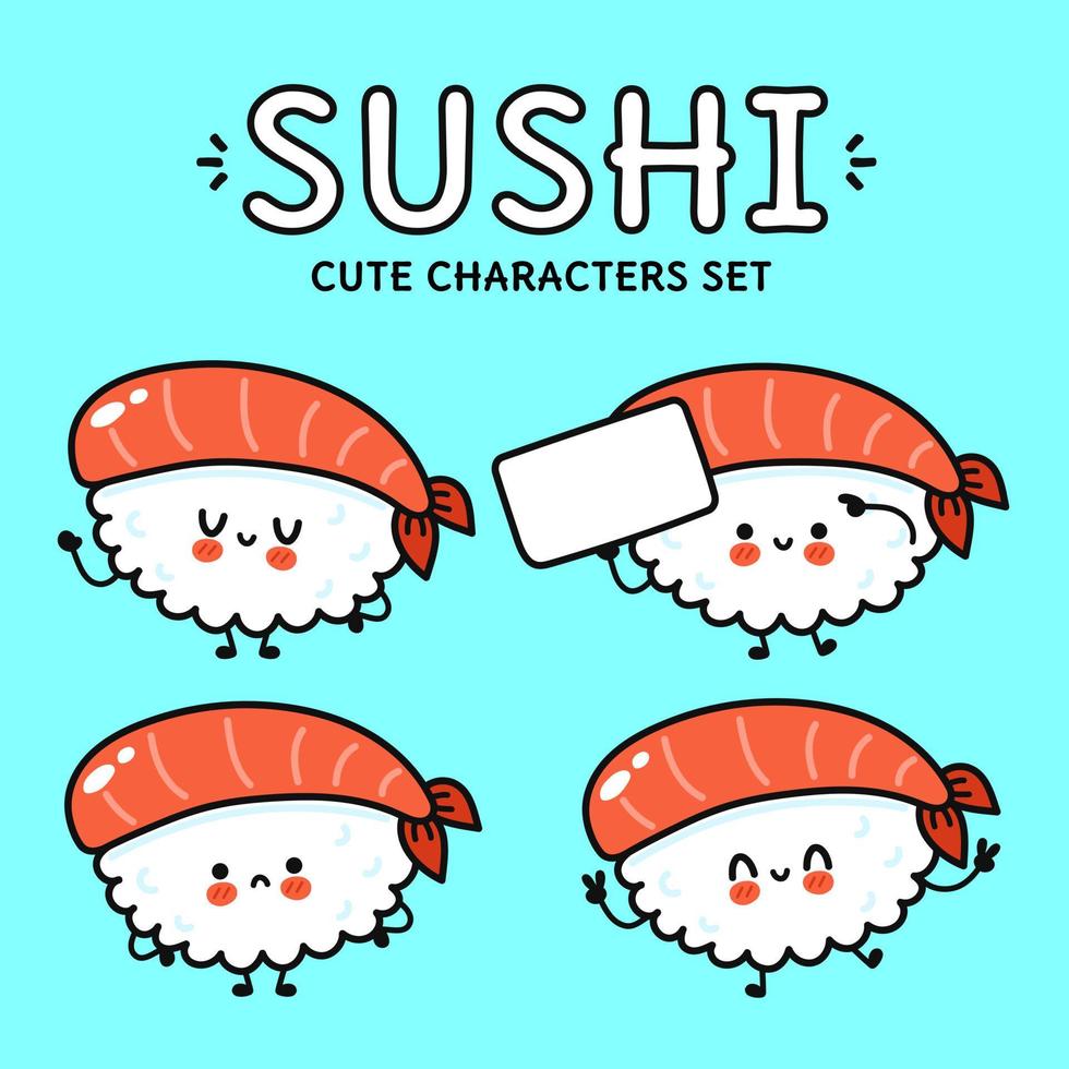 juego de paquetes de personajes de sushi felices, lindos y divertidos. ilustración de estilo de dibujos animados de línea kawaii vectorial. linda colección de personajes de mascota de sushi vector