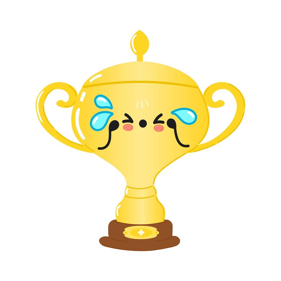 Cute sad golden trophy cup character. Vector hand drawn cartoon kawaii character illustration icon. Isolated on white background. Sad golden trophy cup character concept
