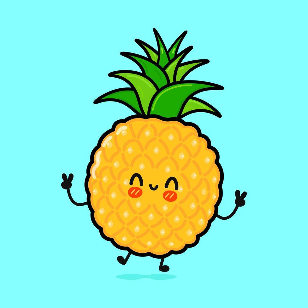 Cute funny pineapple character. Vector hand drawn cartoon kawaii character illustration icon. Isolated on blue background. Pineapple character concept