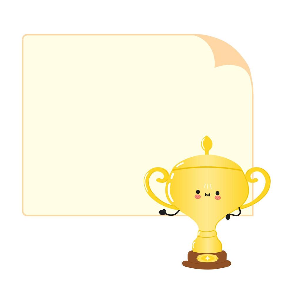 Cute funny golden trophy cup character with speech bubble. Vector hand drawn cartoon kawaii character illustration icon. Isolated on white background. Golden trophy cup character concept