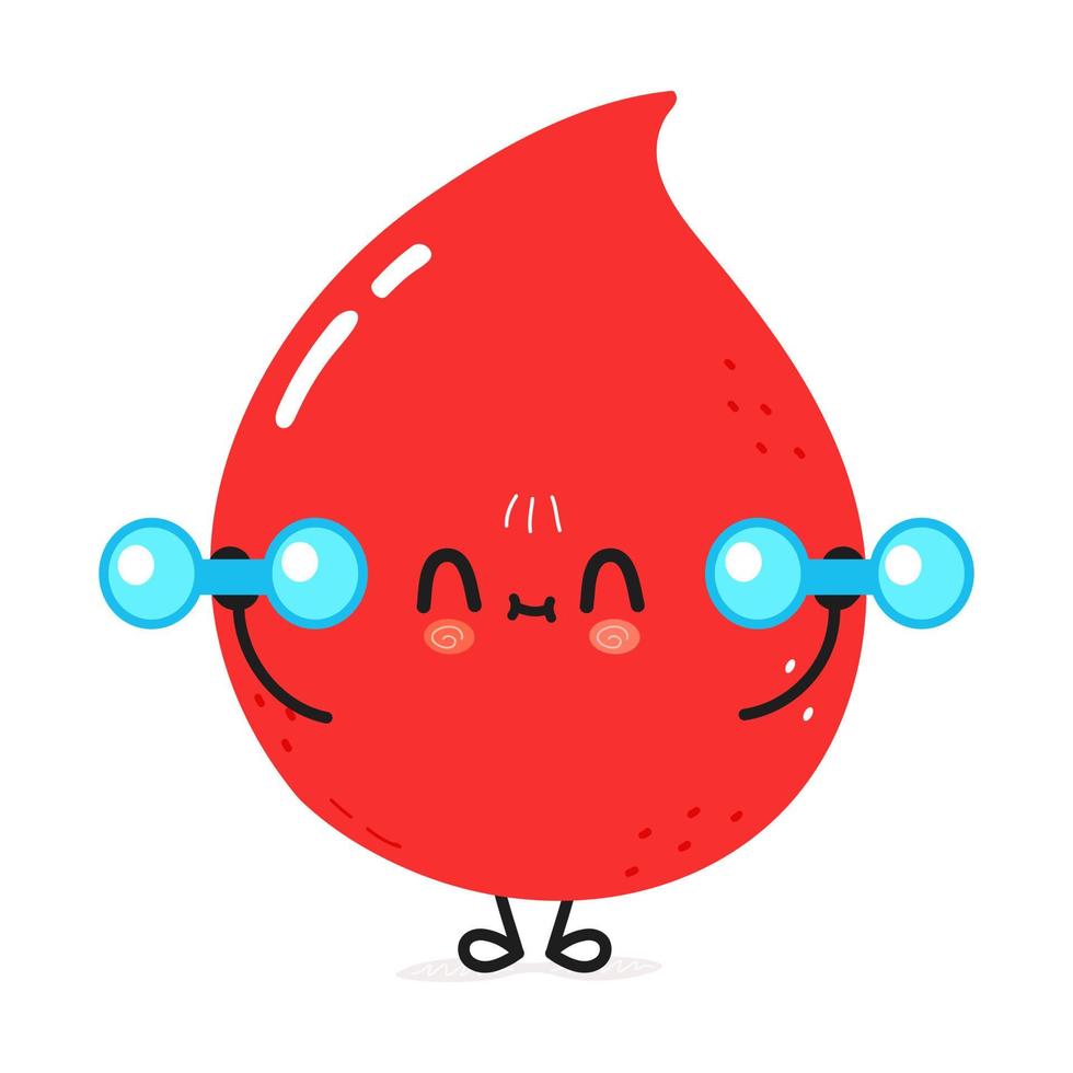 Cute funny blood drop character with dumbbells. Vector hand drawn cartoon kawaii character illustration icon. Isolated on white background. Blood drop character gym concept