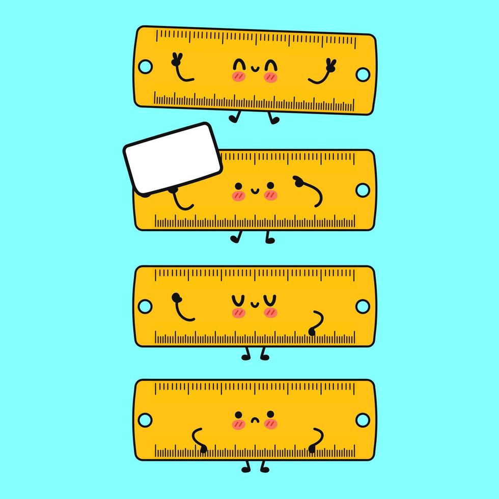 Funny cute happy ruler characters bundle set. Vector hand drawn doodle style cartoon character illustration icon design. Isolated on blue background. Cute ruler mascot character collection
