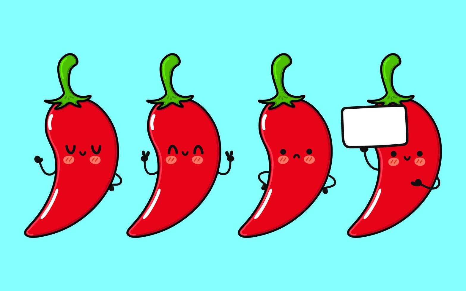 Funny cute happy chili pepper characters bundle set. Vector hand drawn doodle style cartoon character illustration icon design. Cute chili pepper mascot character collection