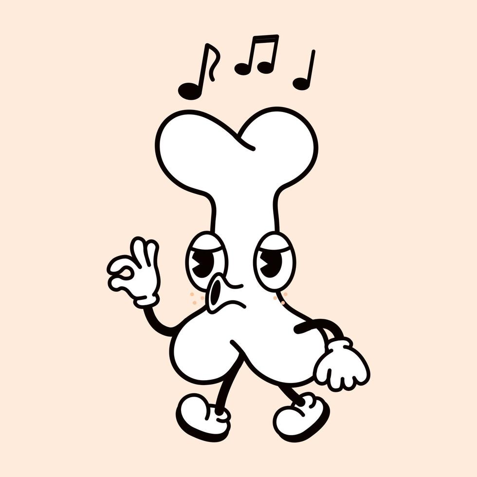 lindo personaje de canto caminando hueso divertido. vector dibujado a mano dibujos animados tradicionales vintage, retro, kawaii, icono de ilustración de fideos. aislado sobre fondo blanco. carácter de paseo óseo