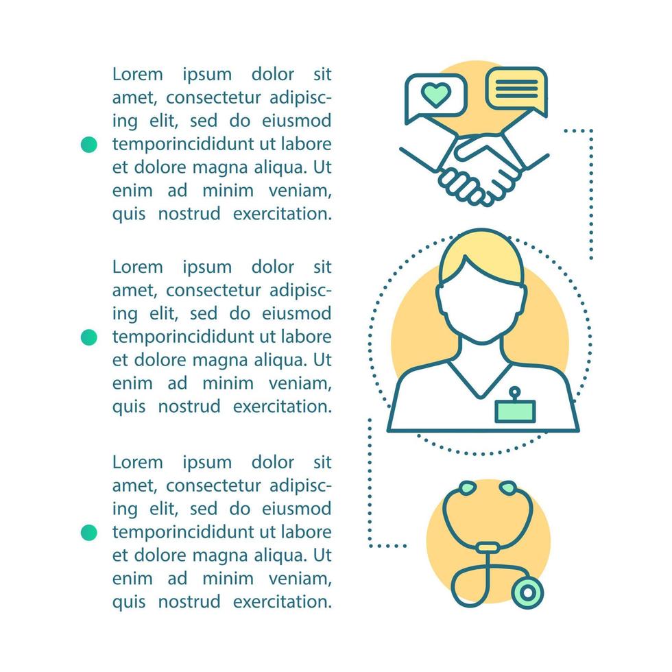 Nursing service article page vector template. Hiring caregiver, carer, nurse. Brochure, magazine, booklet design element with text. In-home care. Print design. Concept illustrations with text space