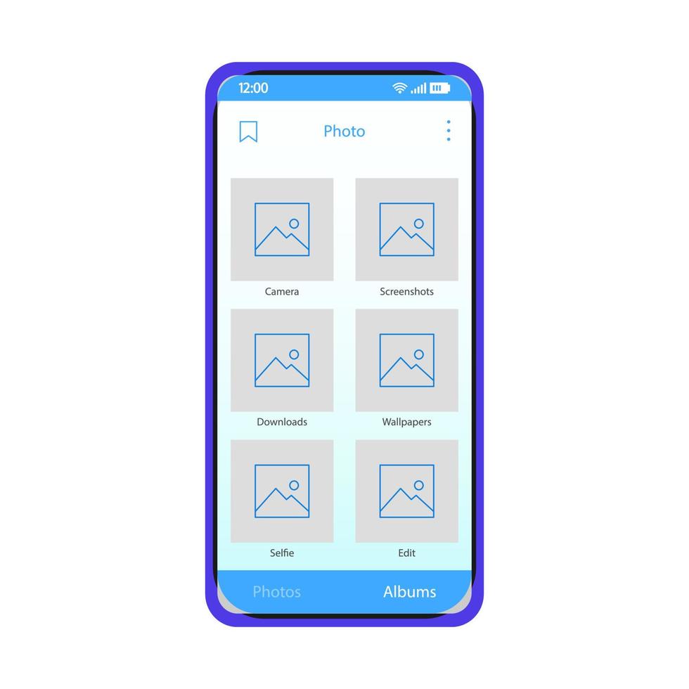Photo gallery smartphone interface vector template. Mobile camera album app page blue design layout. Wallpapers, screenshots, selfie library sceen. Flat UI. Phone display