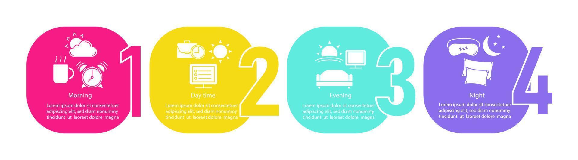 plantilla de infografía vectorial de período de tiempo. mañana, día, tarde, noche. elementos de diseño de presentación de negocios. pasos y opciones de visualización de datos. gráfico de línea de tiempo del proceso. diseño de flujo de trabajo con iconos vector