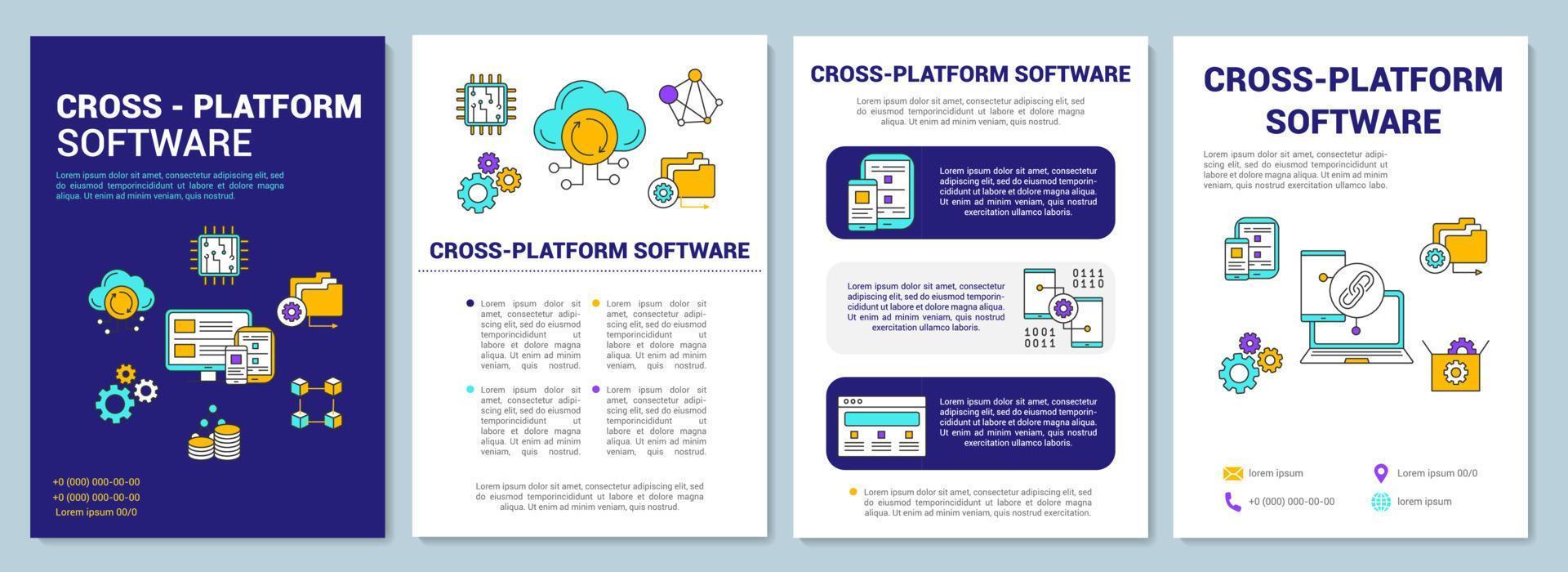 diseño de plantilla de folleto de software multiplataforma. volante de desarrollo de aplicaciones, folleto, diseño de impresión de folletos con ilustraciones lineales. diseños de páginas vectoriales para revistas, informes anuales, carteles publicitarios vector