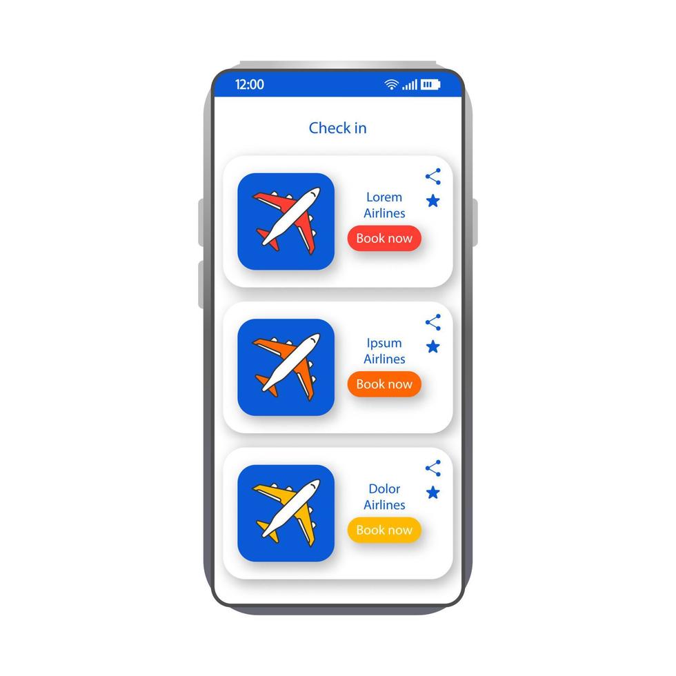 Check in app smartphone interface vector template. Mobile app page white design layout. Booking flight tickets screen. Flat UI for airline service application. Destination ticket phone display
