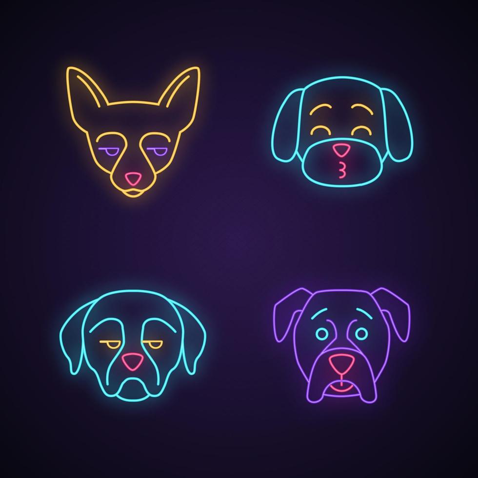 Dogs cute kawaii neon light characters. Animals with sad muzzles. Unamused Chihuahua. Funny emoji, emoticon set. Glowing icons with alphabet, numbers, symbols. Vector isolated illustration