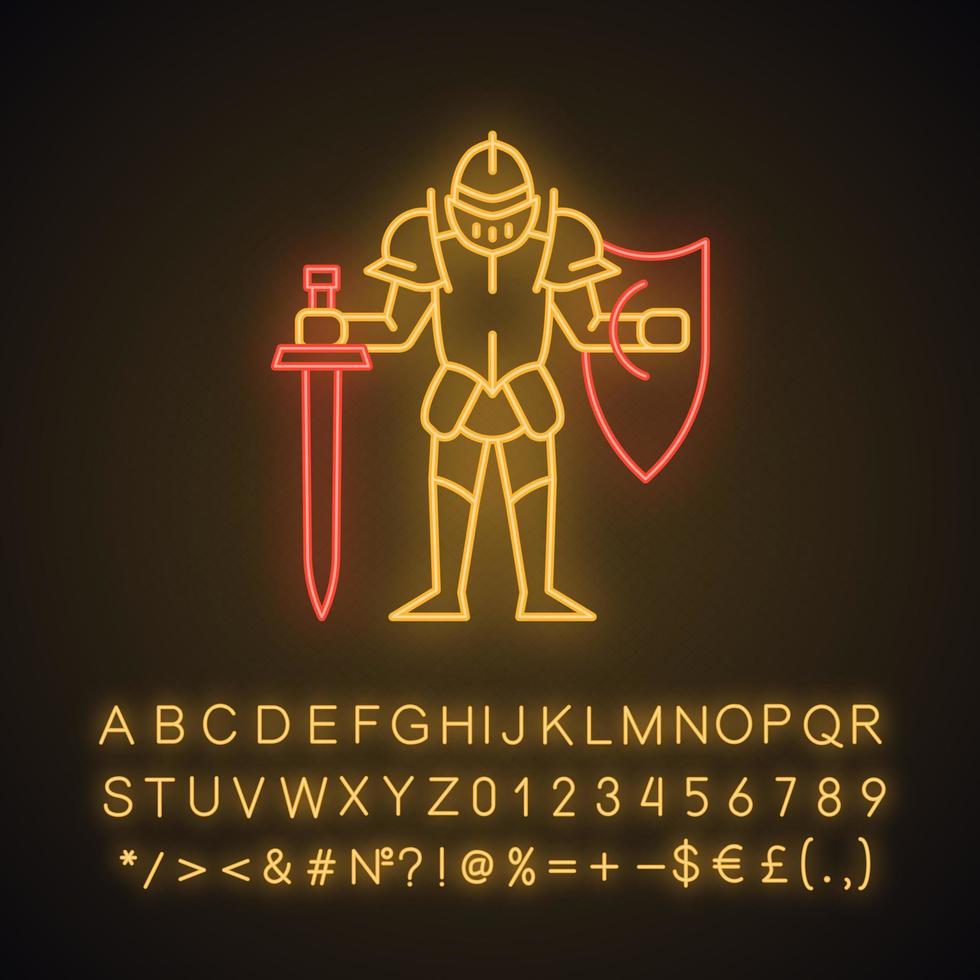 Medieval knight with shield and sword neon light icon. Warrior with full suit of armor. Ancient plate armour. Lord. Glowing sign with alphabet, numbers and symbols. Vector isolated illustration