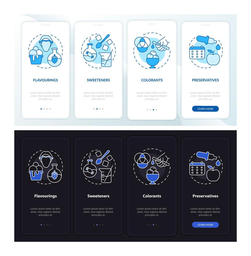 Food additives night and day mode onboarding mobile app screen. Walkthrough 4 steps graphic instructions pages with linear concepts. UI, UX, GUI template. Myriad Pro-Bold, Regular fonts used vector