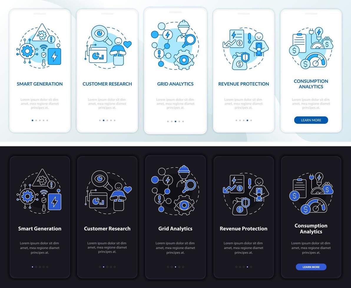 Smart grid work night and day mode onboarding mobile app screen. Network walkthrough 5 steps graphic instructions pages with linear concepts. UI, UX, GUI template. Myriad Pro-Bold, Regular fonts used vector