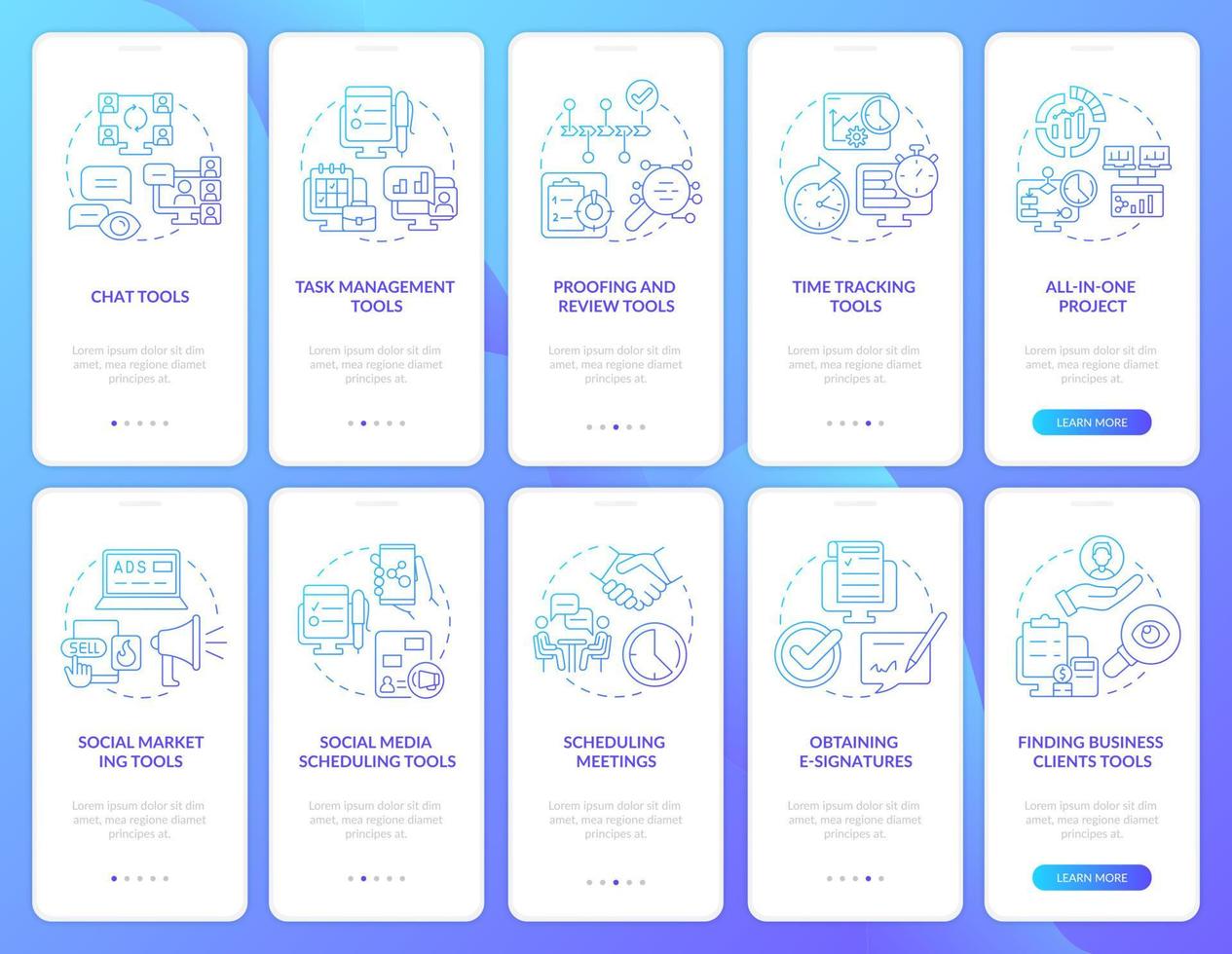 conjunto de pantalla de aplicaciones móviles de incorporación de degradado azul de herramientas de gestión empresarial. tutorial 5 pasos páginas de instrucciones gráficas con conceptos lineales. interfaz de usuario, ux, plantilla de interfaz gráfica de usuario. innumerables fuentes pro-negrita y regulares utilizadas vector
