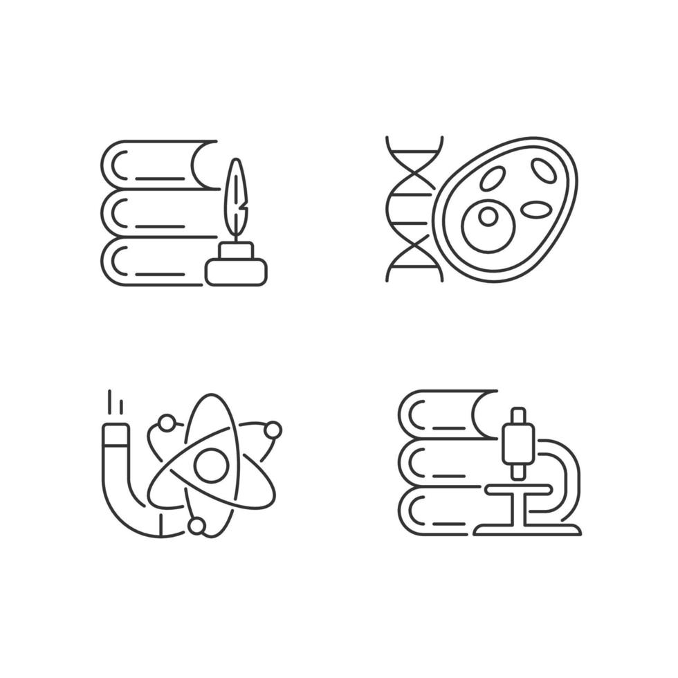 Diversity of subjects in school linear icons set. Humanities and applied sciences. Science lesson. Customizable thin line contour symbols. Isolated vector outline illustrations. Editable stroke