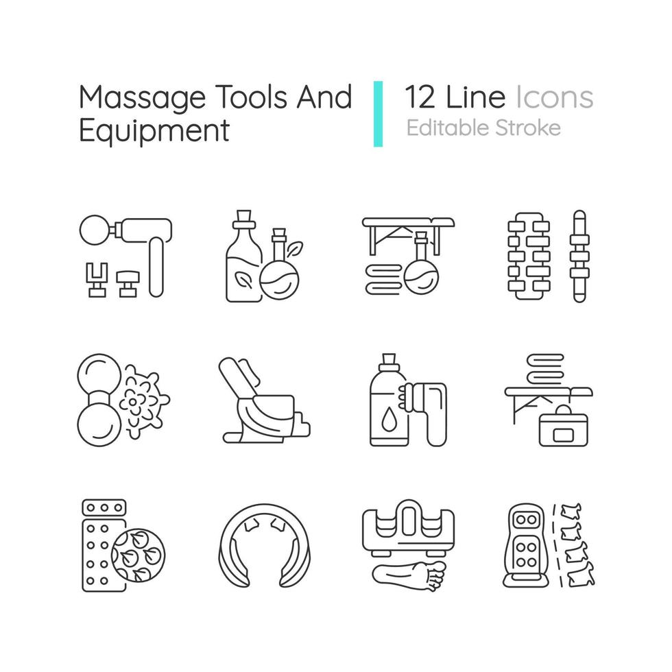 Massage tools and equipment linear icons set. Devices for stimulating back. Massaging equipment. Customizable thin line contour symbols. Isolated vector outline illustrations. Editable stroke