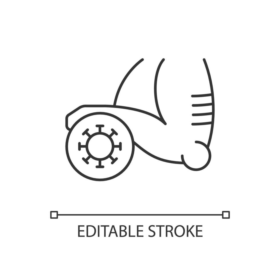 Septic arthritis linear icon. Joint infection. Severe pain in elbow. Disease caused by viruses. Thin line customizable illustration. Contour symbol. Vector isolated outline drawing. Editable stroke