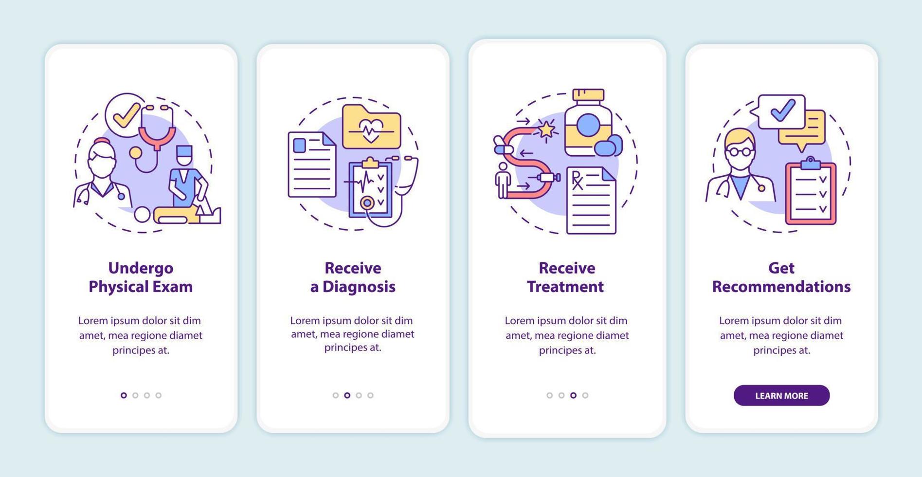 PT process onboarding mobile app page screen. Health care. Physical therapy walkthrough 4 steps graphic instructions with concepts. UI, UX, GUI vector template with linear color illustrations