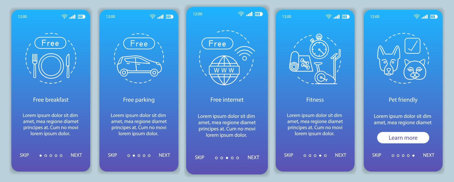 Hotel amenities onboarding mobile app screen vector template. Room facilities and services walkthrough website steps. Free breakfast, parking, internet. All inclusive. UX, UI, GUI smartphone interface