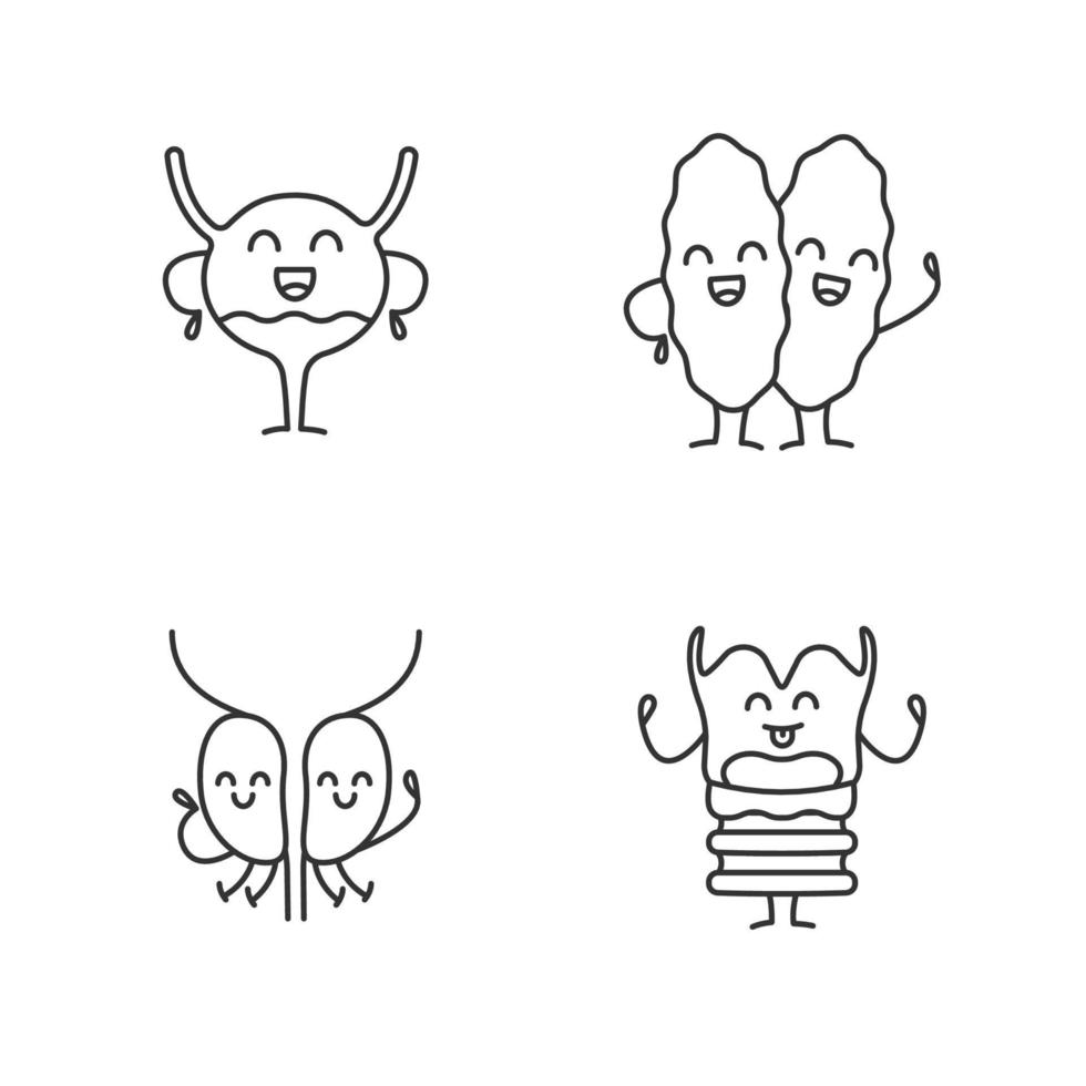 conjunto de iconos lineales de personajes de órganos internos humanos sonrientes. símbolos de contorno de línea delgada. laringe feliz, glándula timo, próstata, vejiga urinaria. ilustraciones aisladas de contorno vectorial. trazo editable vector