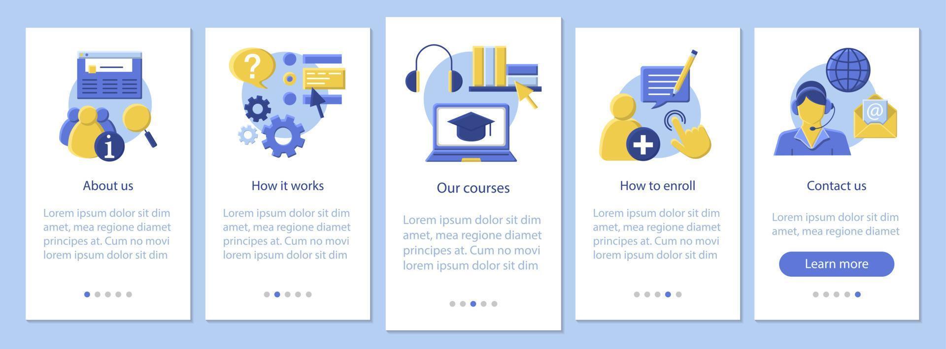 Online courses mobile app page screen vector template. Online classes, school, ecourses information. E-learning. Flat design website instructions. UX, UI, GUI smartphone interface cartoon concept