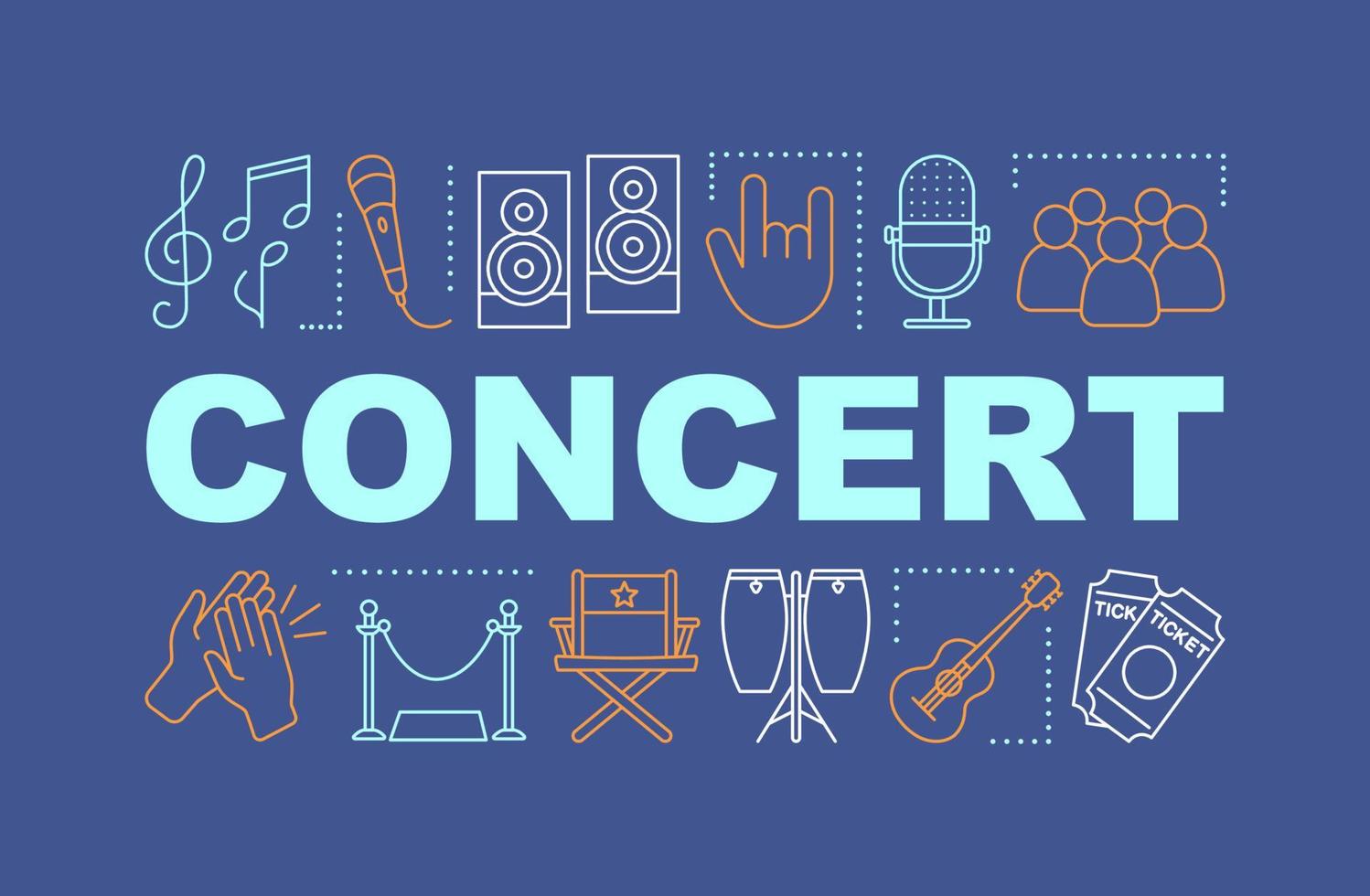 Concert word concepts banner. Theatre music show audience. Event meeting in cinema. Presentation, website. Isolated lettering typography idea with linear icons. Vector outline illustration